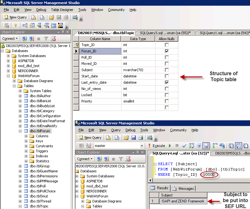 topics table and select Topics table and corresponding SELECT query