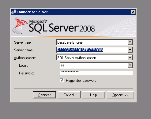 SQL Server Management Studio login window SQL Server Management Studio login window
